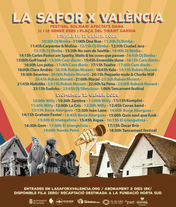 Més d'una trentena de grups i punxadiscos de la Safor i voltants participaran en "La Safor x Valencia", un festival solidari per a recaptar fons per als afectats de la dana de València del 29 d'octubre. Els fons aniran destinats a la Fundació Horta Sud i l'esdeveniment es realitzarà a la plaça Tirant de Gandia els dies 11 i 12 de gener. La Safor X Valencia : Gandia organitza un festival solidari per als afectats per la dana